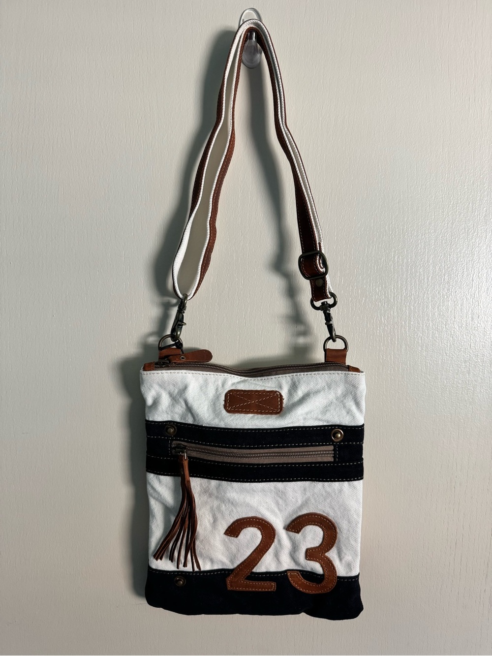 White Canvas Crossbody Bag with Brown Leather Accents and '23' Patch